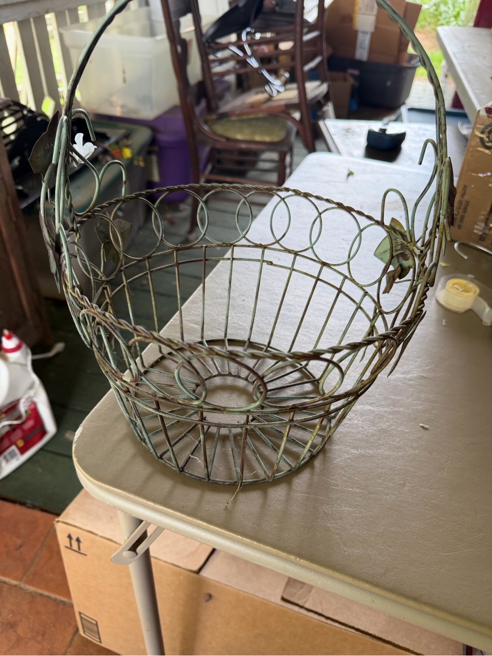 Green Decorative Wire Basket with Handle and Floral Accents